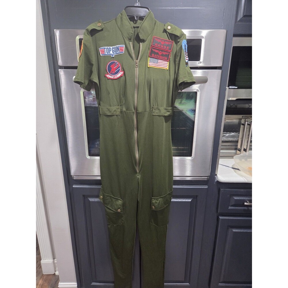 Top Gun Women Pilot Costume Flight Suit Green Jumpsuit XL Patch Read B26